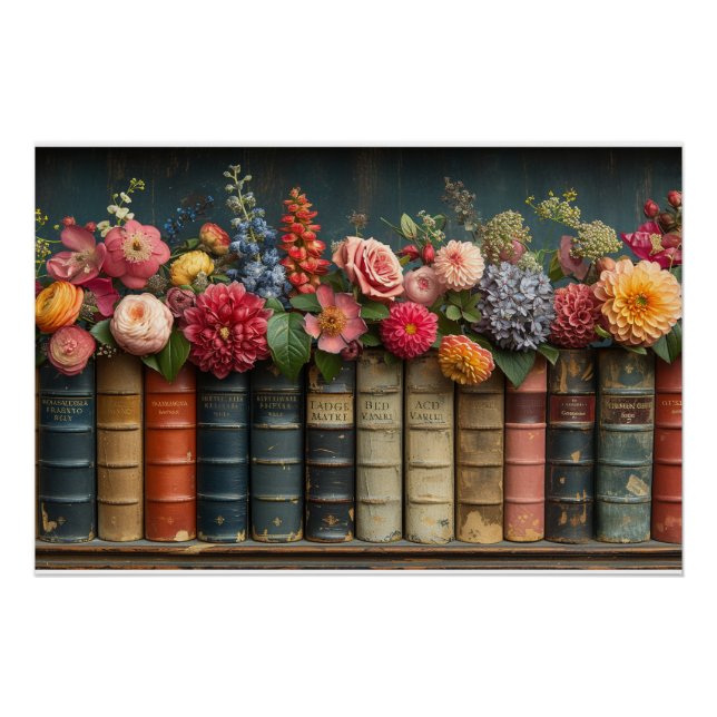Poster Une rangée de livres et de fleurs (Devant)