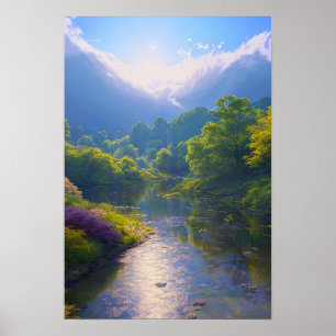 Poster Une rivière faible au coeur d'une forêt verte