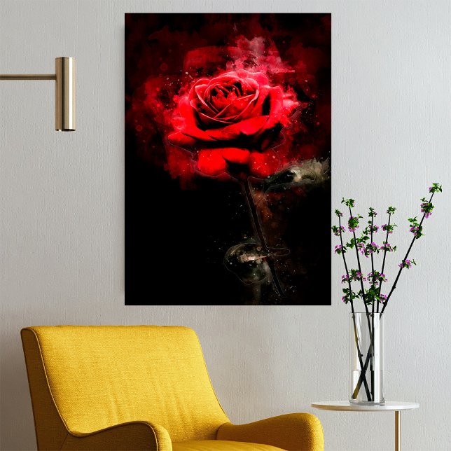 Poster Une rose rouge aquarelle sur fond noir (One Red Rose Watercolor on Black Background. Poster)