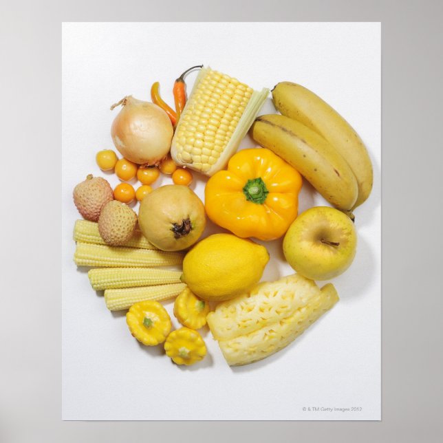 Poster Une sélection de fruits et légumes jaunes. (Devant)