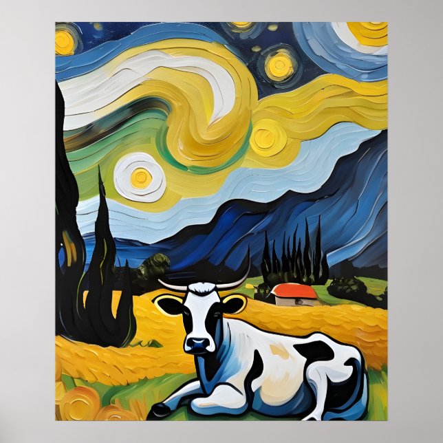 Poster Une vache dans la Nuit étoilée (Devant)