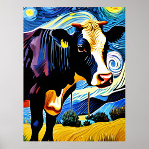 Poster Une vache dans la nuit étoilée