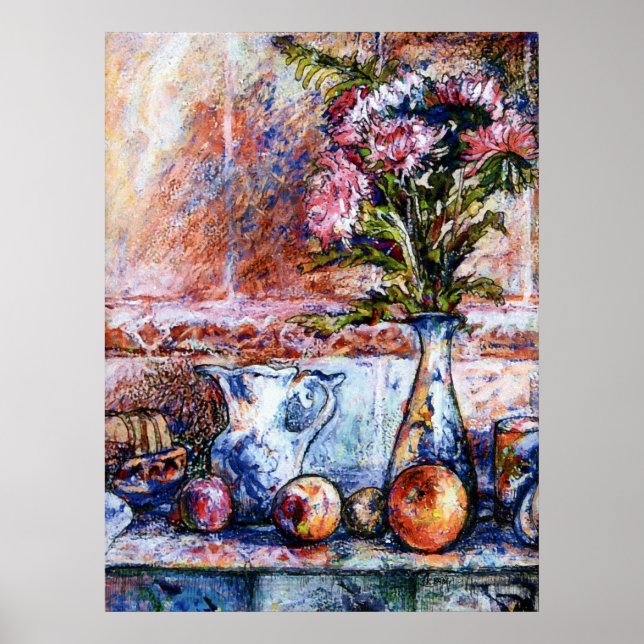 Poster Une vie morte avec oranges et fleurs d'aster (Devant)
