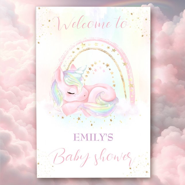 Poster Unicorn baby shower fille douche signe de bienvenu (Unicorn baby shower girl shower welcome sign)