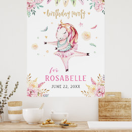Poster Unicorn Ballerina Rose Floral fête d'anniversaire