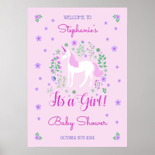 Poster Unicorn C'Est Une Fille Baby shower Rose Personnal