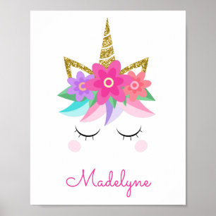 Poster Unicorn Flowers Gold Parties scintillant Nom perso