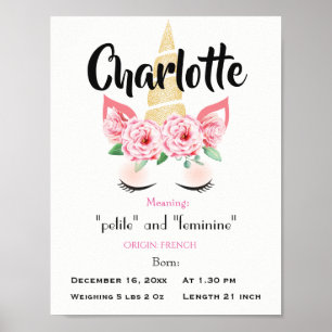 Poster Unicorn Nom signifiant garderie