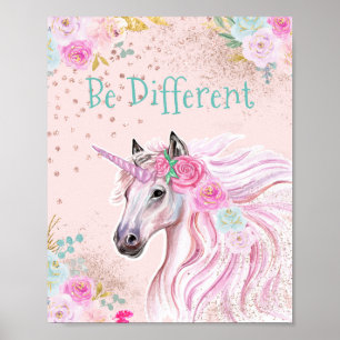 Poster Unicorn rose Turquoise Floral Parties scintillant 