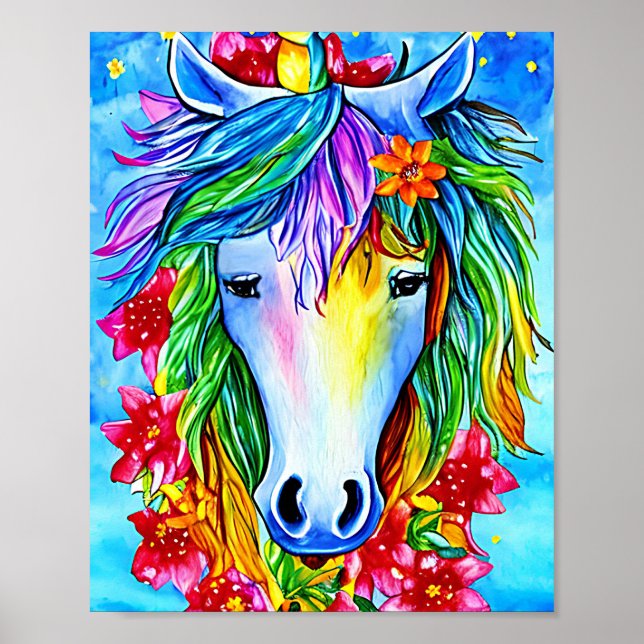Poster Unicorne Abstraite Fleurs de visage aquarelle Art (Devant)