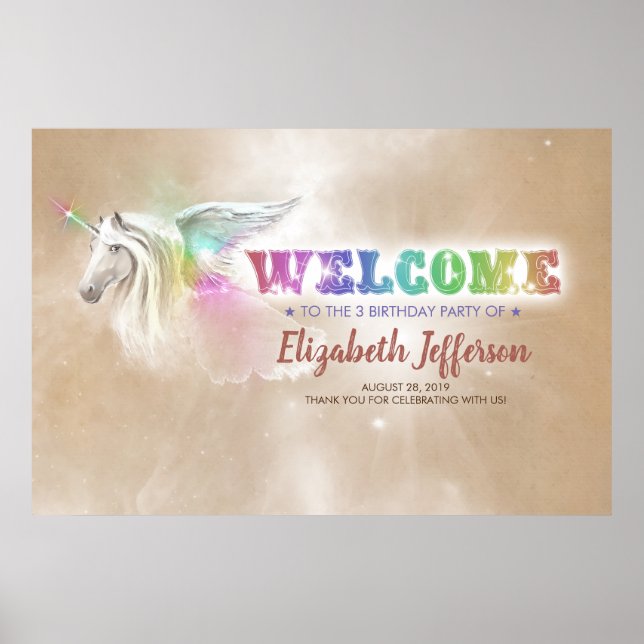 Poster Unicorne arc-en-ciel | Accueil de la fête magique (Devant)