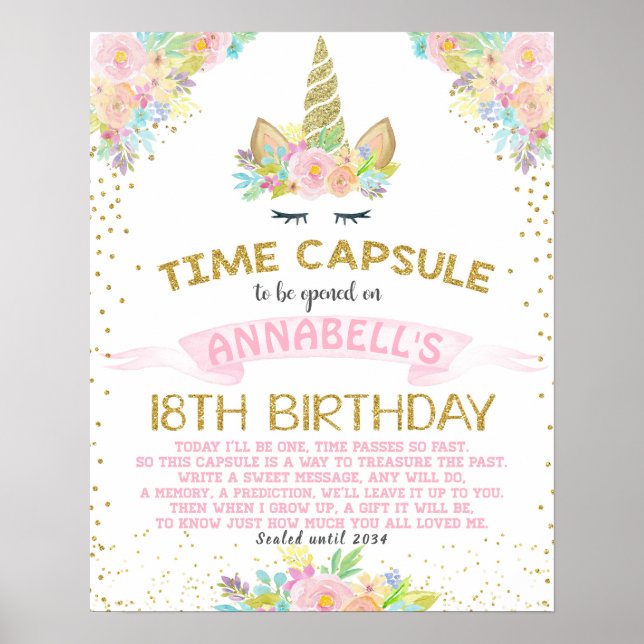 Poster Unicorne avec Fleurs Premier Anniversaire Capsule  (Devant)