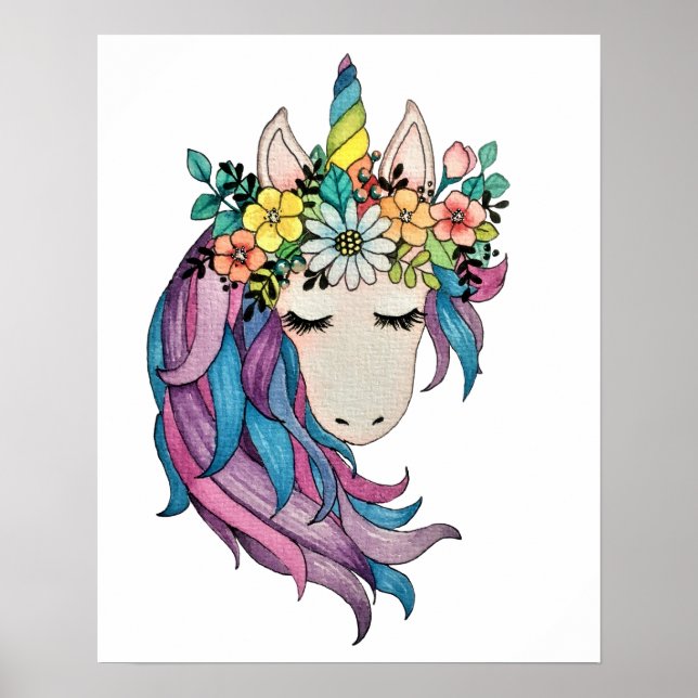 Poster Unicorne Avec Fleurs Sauvages En Aquarelle (Devant)