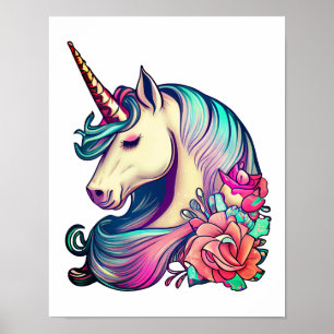 Poster Unicorne avec Fleurs Vector Art
