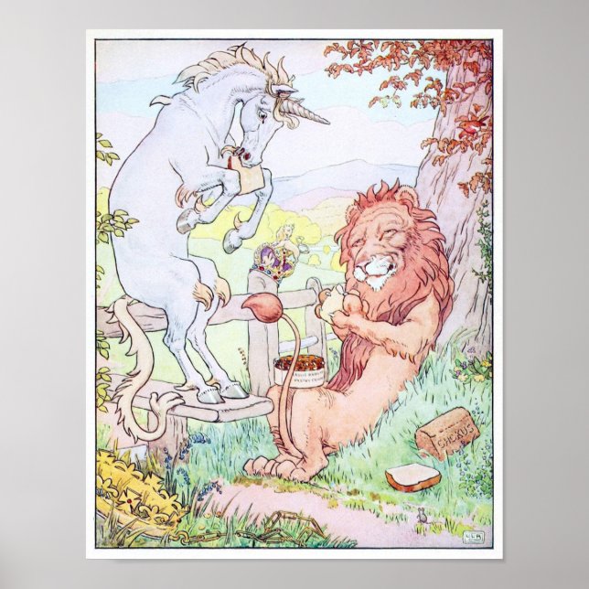 Poster Unicorne avec un lion (Devant)