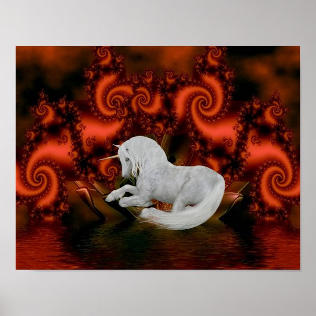 Poster Unicorne blanche Fractale rouge Imaginaire Cheval  (Devant)