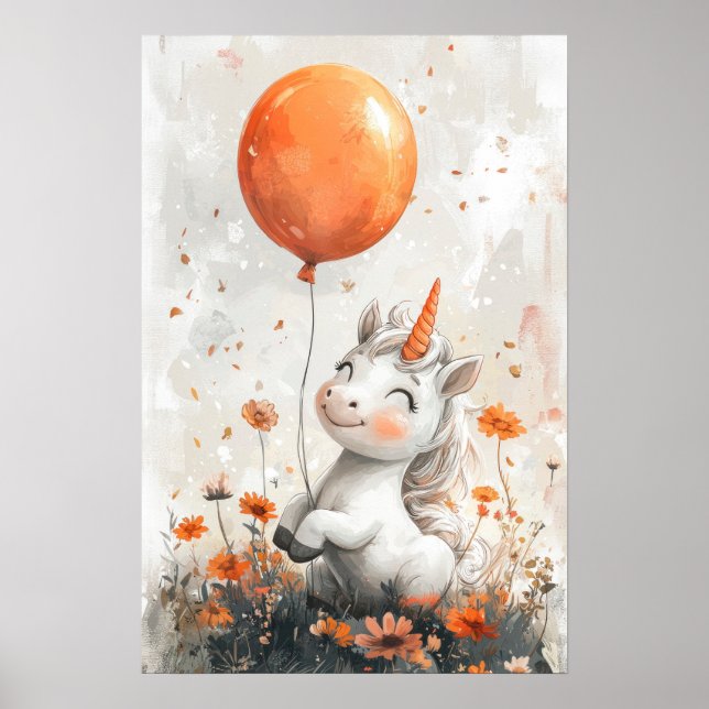 Poster Unicorne blanche lunaire en Orange Flower Field Il (Devant)