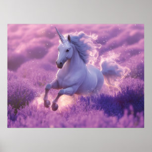 Poster Unicorne blanche majestueuse à travers la lavande