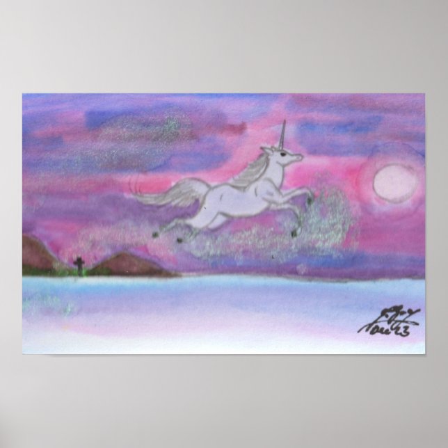 Poster Unicorne blanche volant Winter Landscape Stardust (Devant)
