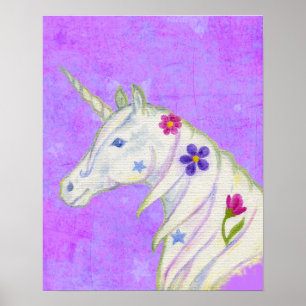 Poster Unicorne de fleurs sur imprimé d'art violet