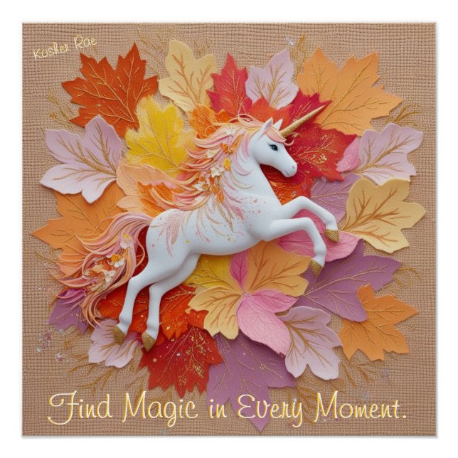 Poster Unicorne Enchantée Automne Magique Pastel Orange H (Devant)