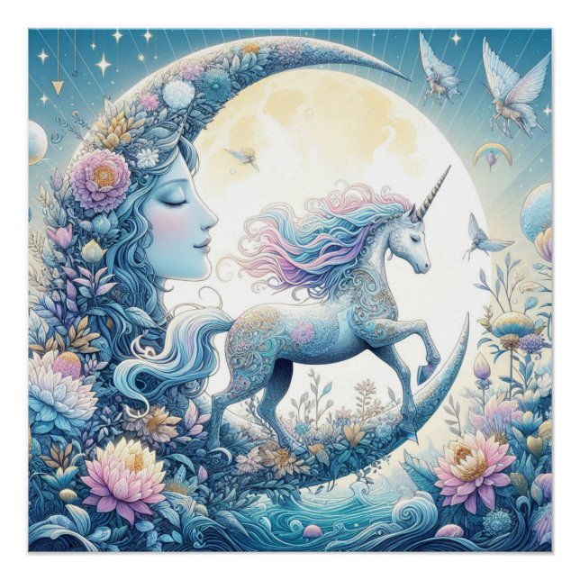 Poster Unicorne Et La Lune (Devant)