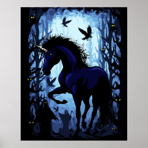 Poster Unicorne Fée magique noire dans la forêt noire