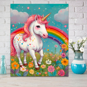 Poster Unicorne lunaire en prairie fleurie arc-en-ciel