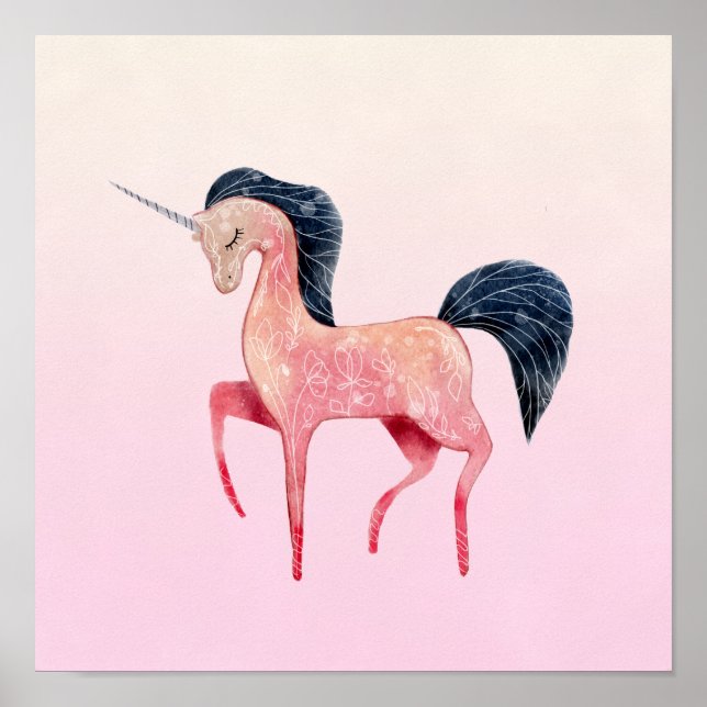 Poster Unicorne nordique rose avec Mane noir (Devant)