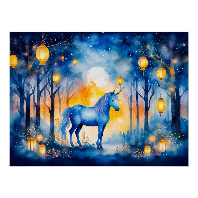 Poster Unicorne Prêchant Sous Lumière De Lanterne Dorée (Devant)