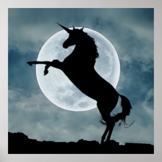 Poster Unicorne Silhouette Pleine lune Ciel de nuit, ZKOA (Devant)