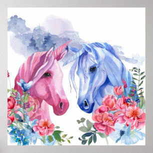 Poster Unicornes avec Fleurs Aquarelle Art Faux Canvas