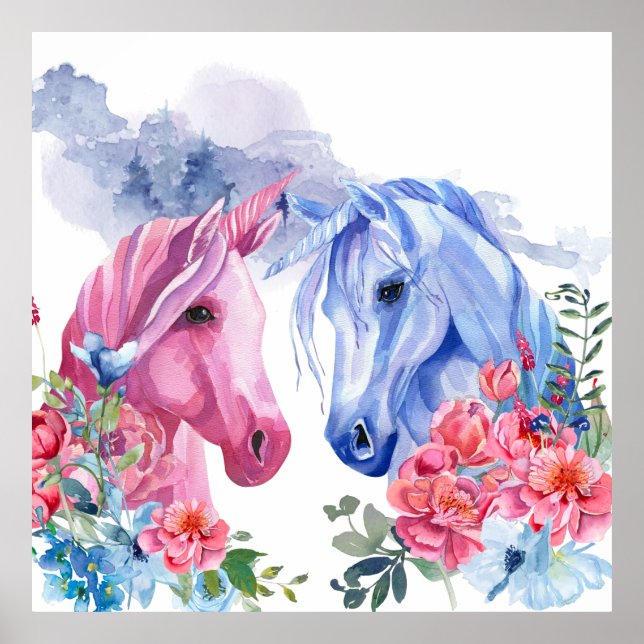 Poster Unicornes avec Fleurs Aquarelle Art Faux Canvas (Devant)
