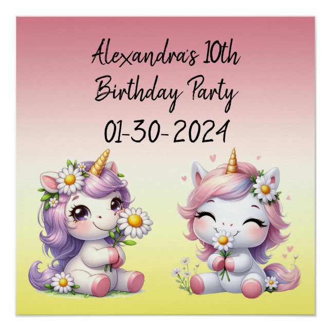 Poster Unicornes et marguerites, fête d'anniversaire enfa (Devant)