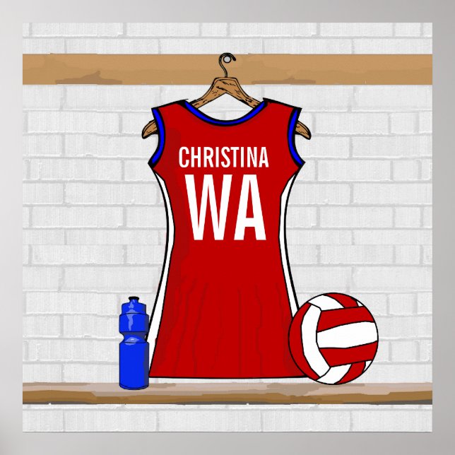 Poster Uniforme de Custom Netball Red with Blue and White (Devant)