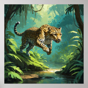 Poster Unique Jumping Leopard Wildlife Art