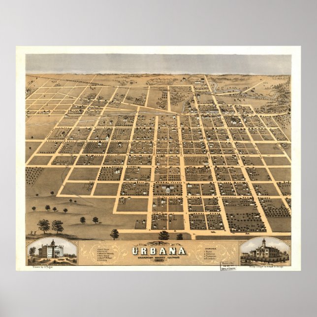 Poster Urbana Illinois 1869 Carte panoramique antique (Devant)