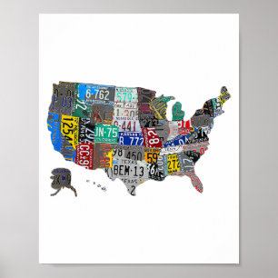 Poster US American United States Map Flag License Plate A