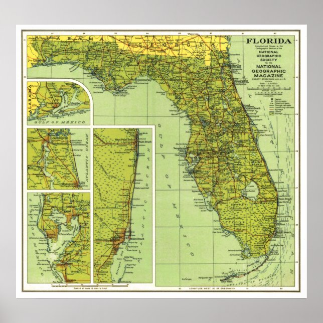 Poster " USA : 1930/heute Florida - Detaillierte Landkart (Devant)