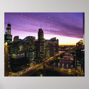 Poster USA, IL, Chicago. Ciel et rivière de Chicago