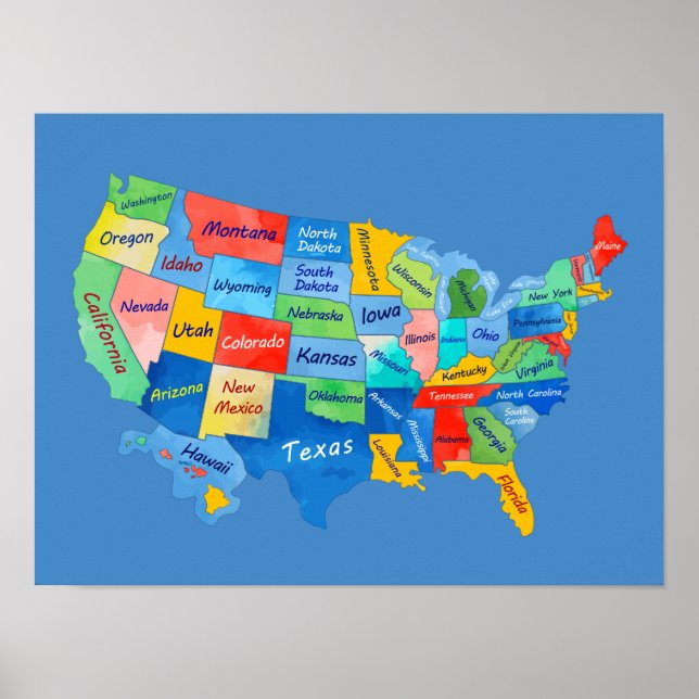 Poster USA MAP watercolor artwork (Devant)