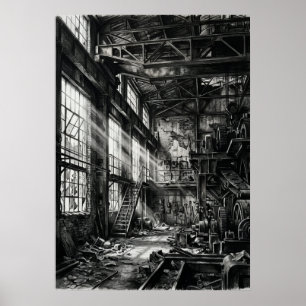 Poster Usine Industrielle Abandonnée Noir Blanc Urbain Ex