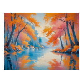 Poster utumn Village Lake - Pittoresque Nature Paysage Ar