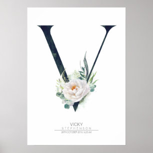Poster V Lettre Monogramme Fleurs blanches et verdure