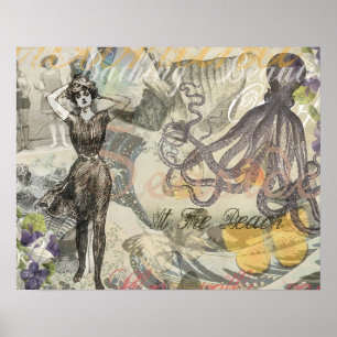 Poster Vacances à la plage de la pieuvre victorienne goth