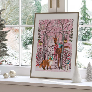 Poster Vacances Animaux Bois d'hiver rose