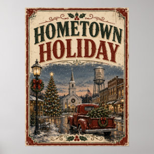 Poster Vacances de Noël à la maison Vintage camion rouge 