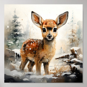 Poster Vacances d'hiver Forêt Scène Bébé mignon Cher