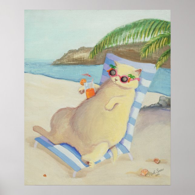 Poster Vacation Beach Cat Under Palm Tree Wall Art (Devant)