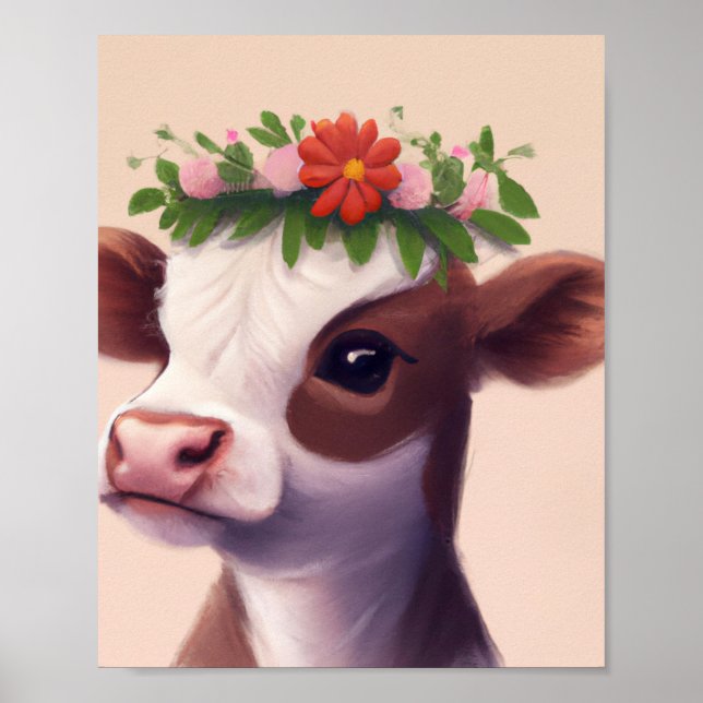 Poster Vache bébé avec couronne de fleurs (Devant)